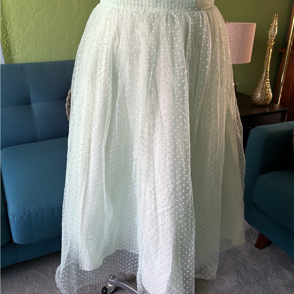 Vintage-Style Mint Green Midi Dress with Sheer Polka Dot Overlay - Picture 3 of 13
